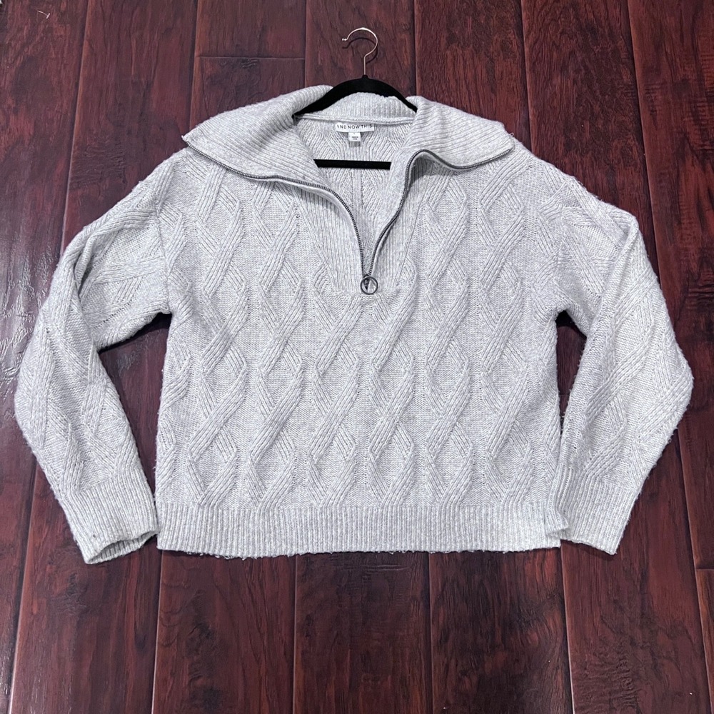 AND NOW THIS Women's Neutral Cable Knit Quarter Zip Sweater Size L
